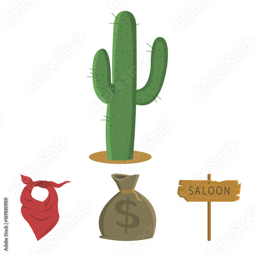 Bag of money, saloon, cowboy kerchief, cactus. Wild west set collection icons in cartoon style vector symbol stock illustration web. photo