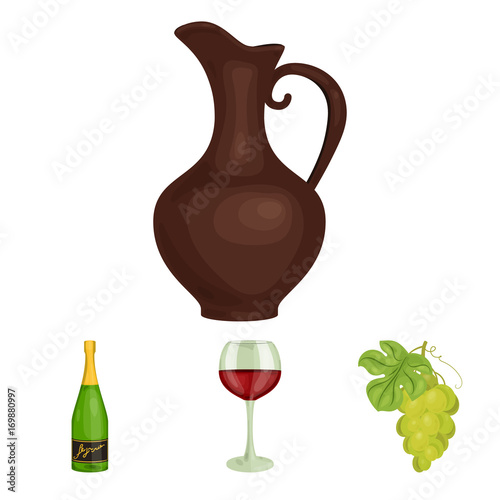 A glass of red wine, champagne, a jug of wine, a bunch. Wine production set collection icons in cartoon style vector symbol stock illustration web.