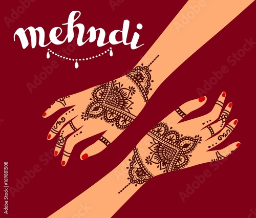 Element yoga mudra hands with mehendi patterns. Vector illustration for a yoga studio, tattoo, spas, postcards, souvenirs. Indian traditional lifestyle.