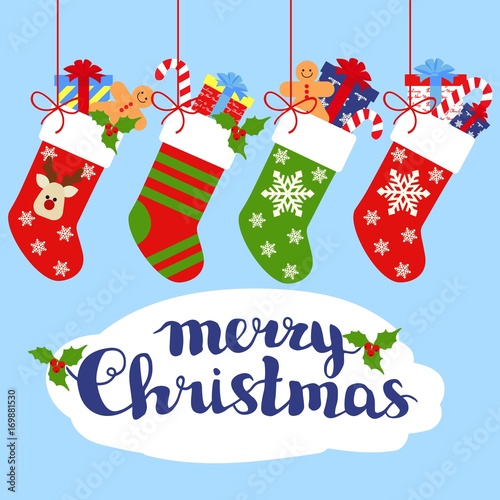 Christmas socks with gifts and lettering - merry christmas