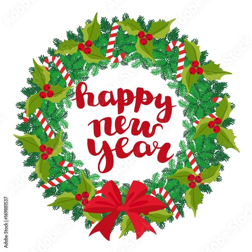 Christmas wreath with holly and sweets isolated on white background
