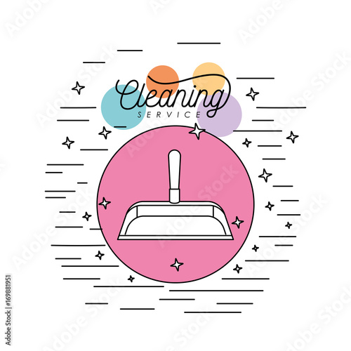 dust pan plastic silhouette cleaning service in circular frame with color bubbles and decorative stars and lines on white background