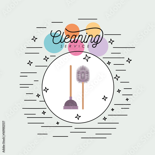 bathroom brush and toilet pump cleaning service colorful silhouette in circular frame with color bubbles and decorative stars and lines on white background