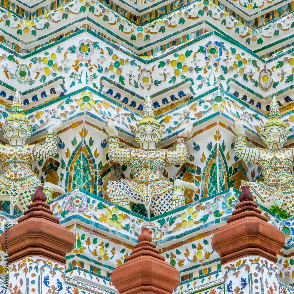 Symmetry detail of main pagoda at the Wat Arun, The temple of dawn, Bangkok, Thailand.