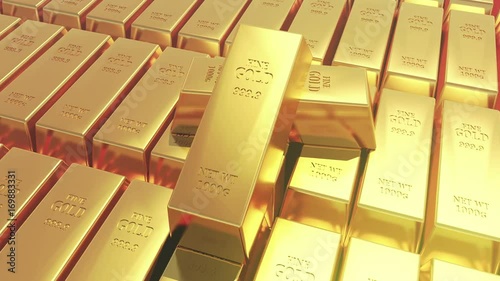 4k Gold bullion gold bars treasury wealth Ingot luxury finance goods trading,3D animation of stacked gold bars. photo