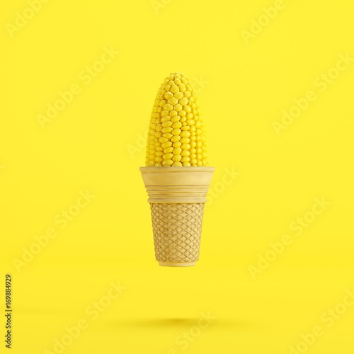 Corn fruit with Ice cream cone floating on yellow background, minimal fruit concept idea.