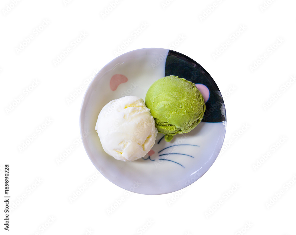 Green tea matcha ice cream scoop in white bowl from top-view isolated on white background..Pistachio, coconut, milk ice cream on cat face design in a bowl Green tea matcha ice cream scoop in white bowl from top-view isolated on white background..Pistachio, coconut, milk ice cream on cat face design in a bowl