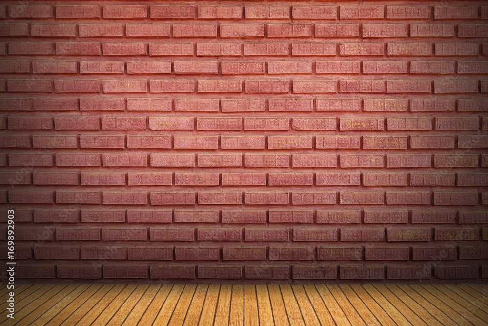 red brick wall and wood floor with shadow for pattern and background
