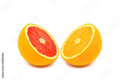 Half of Orange and Grapefruit Citrus fruit Slice isolated on white background