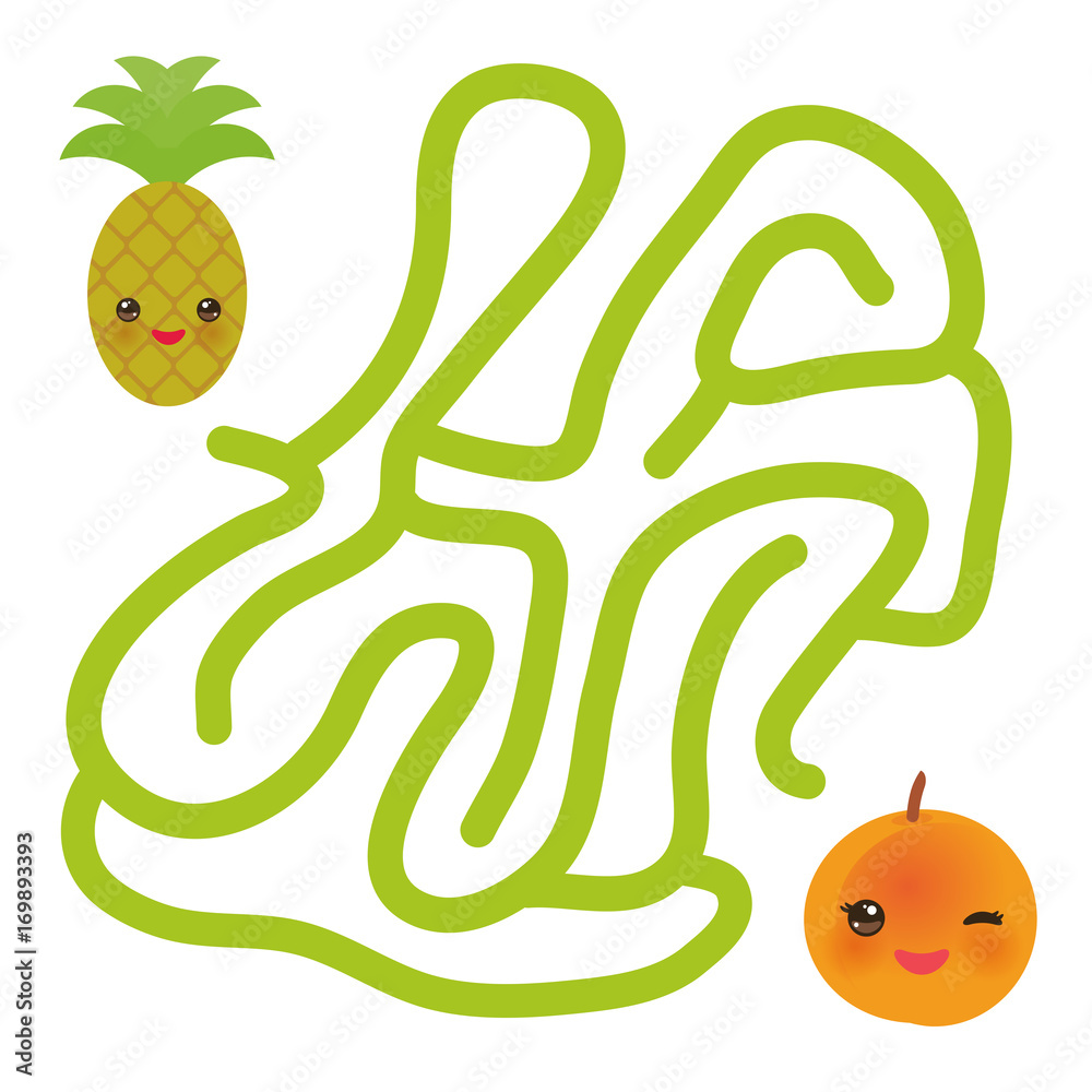 peach and pineapple kawaii funny fruits, pastel colors on white background.  labyrinth game for Preschool Children. Vector Stock Vector | Adobe Stock