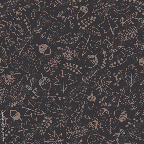 Vector pattern with autumn elements contours: brown foliage, berries and acorns on the gray background. Maple, sycamore, birch, beech and oak tree leaves. Beautiful hand drawn line art.
