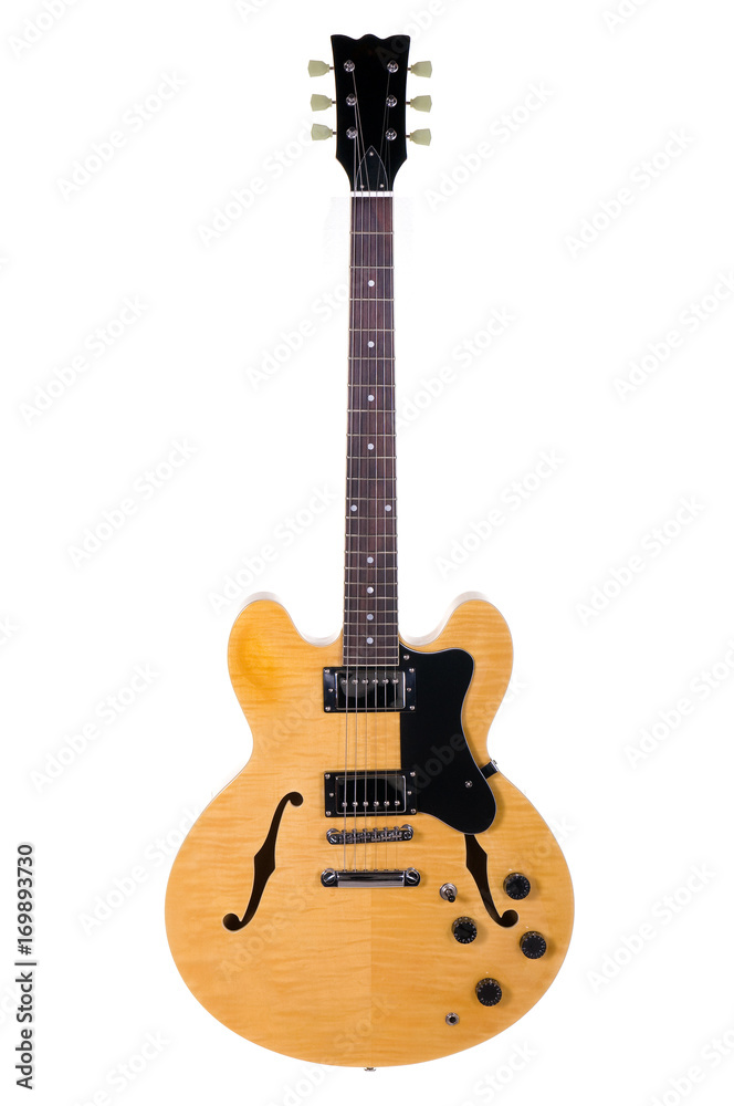Light Yellow hollow body guitar on white background
