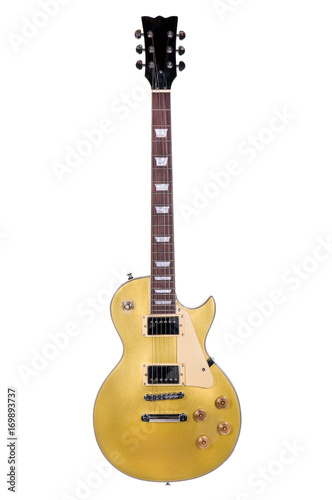 Gold colored guitar white background photo