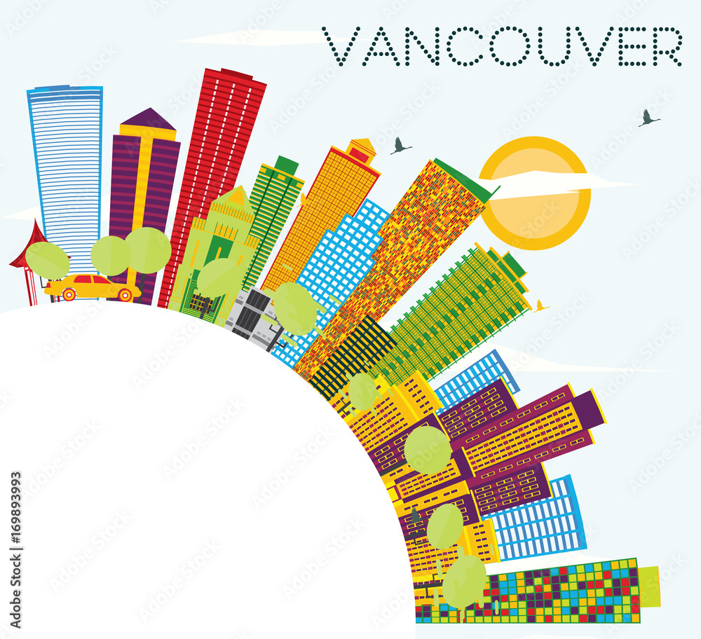 Vancouver Skyline with Color Buildings, Blue Sky and Copy Space.