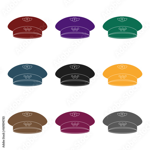 Black cap with the logo of a taxi. Uniforms taxi driver. Taxi station single icon in black style vector symbol stock illustration.