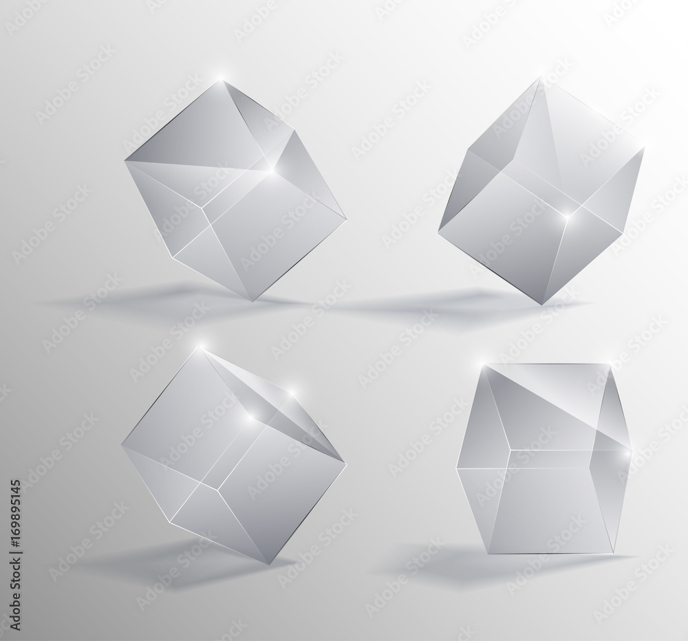 Vector realistic illustration of a transparent glass cubes in different positions, with shadow, isolated on a gray background. 3-D design Vector realistic illustration of a transparent glass cubes in different positions, with shadow, isolated on a gray background. 3-D design