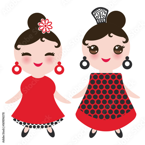 Spanish Woman flamenco dancer. Kawaii cute face with pink cheeks and winking eyes. Gipsy girl, red black white dress, polka dot fabric, Isolated on white background. Vector