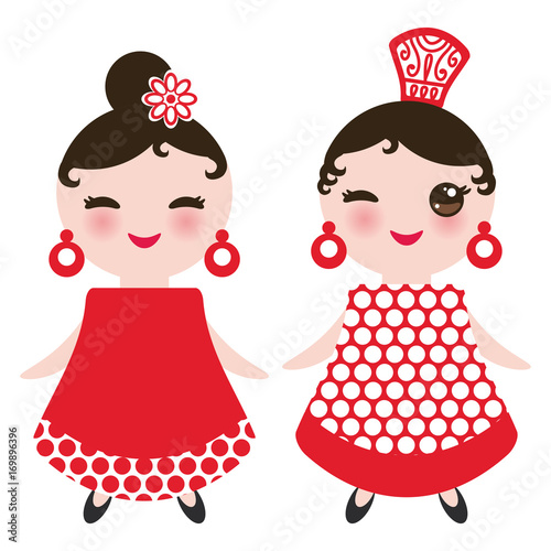 Spanish Woman flamenco dancer. Kawaii cute face with pink cheeks and winking eyes. Gipsy girl, red black white dress, polka dot fabric, Isolated on white background. Vector
