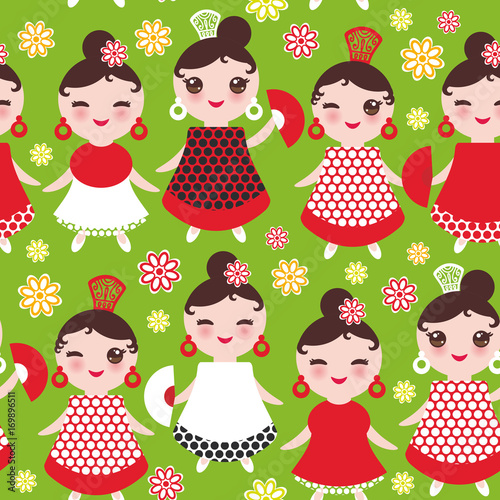 Seamless pattern spanish Woman flamenco dancer. Kawaii cute face with pink cheeks and winking eyes. Gipsy girl, red black white dress, polka dot fabric, on green background. Vector