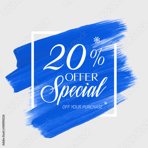Sale special offer 20% off sign over watercolor art brush stroke paint abstract background vector illustration. Perfect acrylic design for a shop and sale banners.