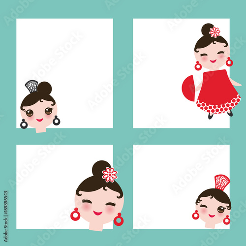 Spanish flamenco dancer card design, banner template. Woman Kawaii cute face with pink cheeks. Gipsy girl, red black dress, polka dot fabric, blue teal background banner template, card design. Vector