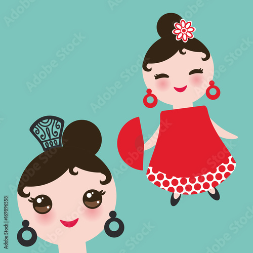 Spanish flamenco dancer card design, banner template. Woman Kawaii cute face with pink cheeks. Gipsy girl, red dress, polka dot fabric, blue background banner template, card design. Vector
