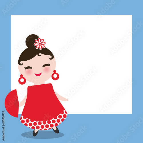 Spanish flamenco dancer card design, banner template. Woman Kawaii cute face with pink cheeks. Gipsy girl, red black dress, polka dot fabric, blue background banner template, card design. Vector