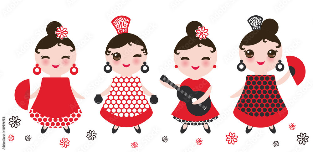 spanish Woman flamenco dancer. Kawaii cute face with pink cheeks and winking eyes. Gipsy girl, red black white dress, polka dot fabric, Isolated on white background. Vector