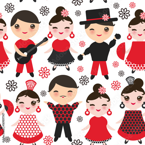 Seamless pattern Spanish flamenco dancer. Kawaii cute face with pink cheeks and winking eyes. Gipsy girl and boy, red black white dress, polka dot fabric, Isolated on white background. Vector