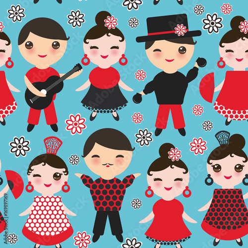 Seamless pattern Spanish flamenco dancer. Kawaii cute face with pink cheeks and winking eyes. Gipsy girl and boy, red black white dress, polka dot fabric, on blue background. Vector