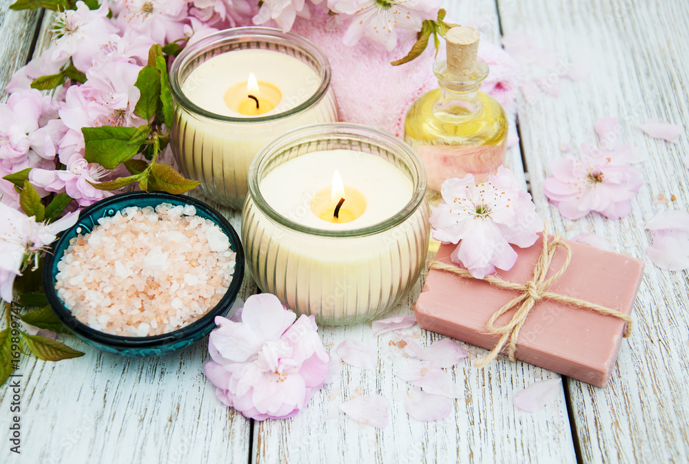 Spa products with sakura blossom Spa products with sakura blossom