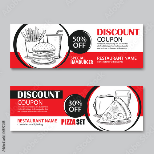 Fast food gift voucher and coupon sale discount template flat design. Vector set of hamburger, french fries, sandwich, pizza  hand drawn background.