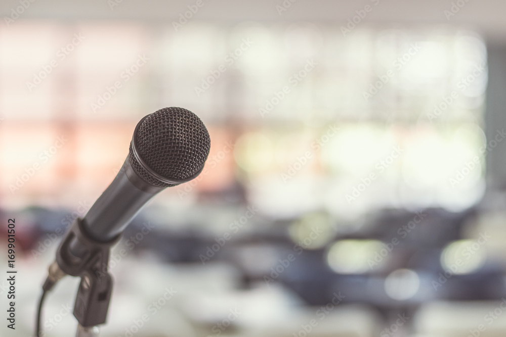 Microphone voice speaker in seminar classroom, lecture hall or conference meeting in educational business event for host, teacher, or coaching mentor Microphone voice speaker in seminar classroom, lecture hall or conference meeting in educational business event for host, teacher, or coaching mentor
