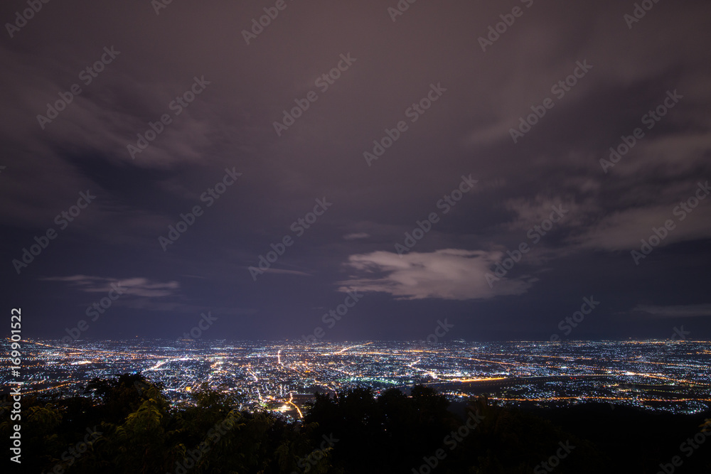Chiang Mai cityscape at night view from the top of Doi Suthep located in Chiang Mai province of Thailand.