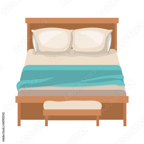 bed wooden with blanket and pair pillows with chair in colorful silhouette on white background