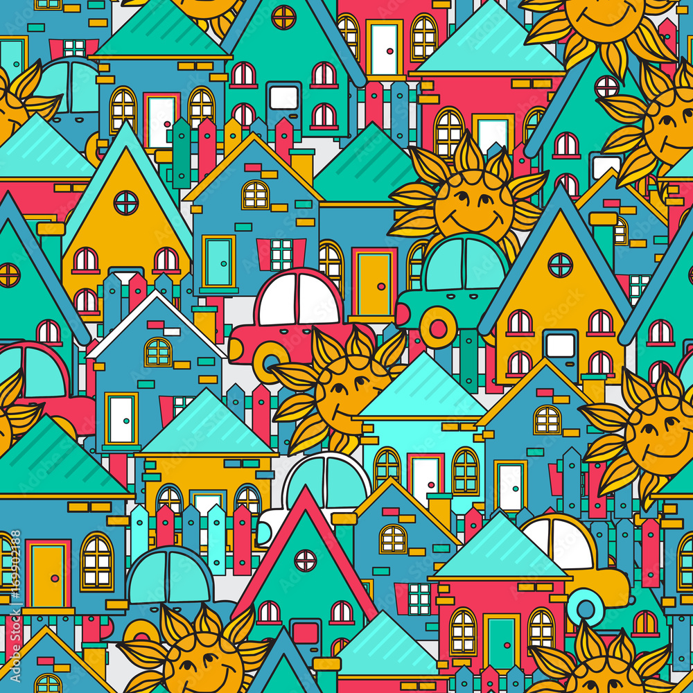 Vector Street design,  seamless pattern with house, fence, sun.  background  in childish style.