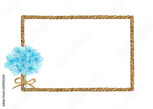 Watercolor painting of Brown Rope frame with bouquet of blue flowers on white background