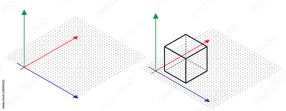 Isometric drawing a thirty degreesangle is applied to its sides. The cube opposite. 3d coordinate axis vector . Grid Paper Isometric dots vector