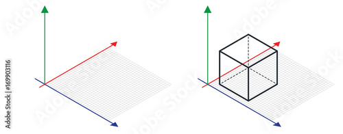 Isometric drawing a thirty degreesangle is applied to its sides. The cube opposite. 3d coordinate axis vector . Isometric Grid vector photo