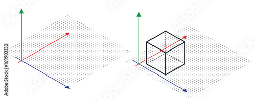 Isometric drawing a thirty degreesangle is applied to its sides. The cube opposite. 3d coordinate axis vector . Grid Paper Isometric dots vector