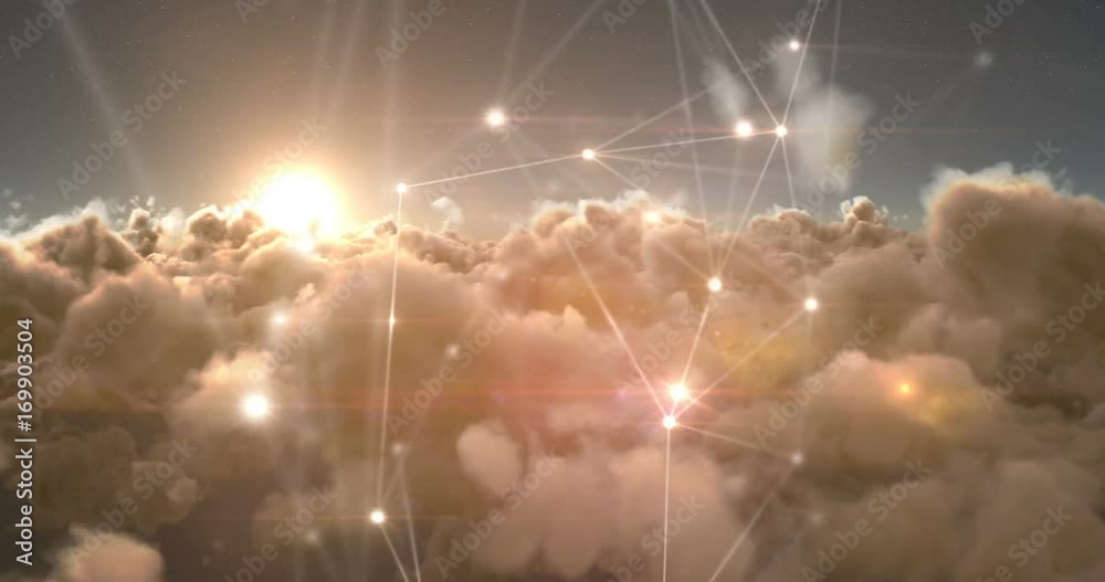 Binary codes and lines against white clouds 