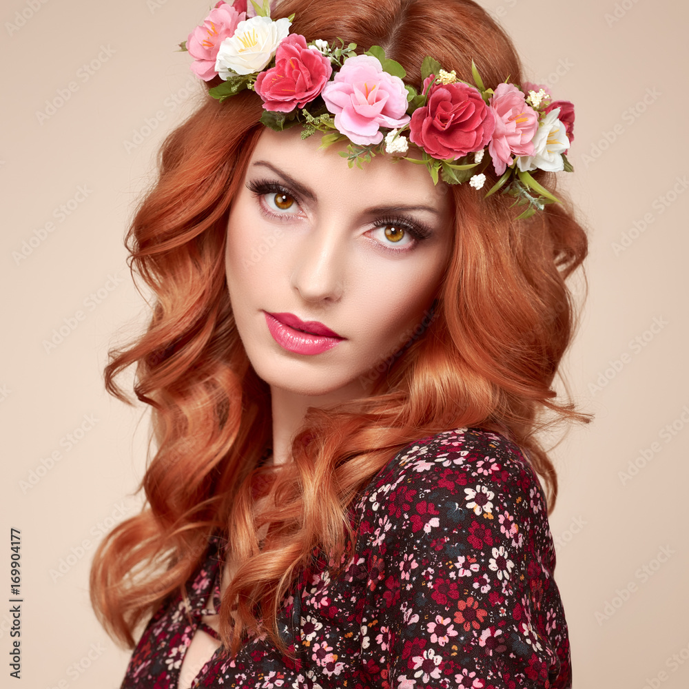 Autumn Fall Fashion Portrait. Redhead Model Woman in Stylish Floral Dress, Flower Hairband. Trendy Curly Hairstyle, Makeup. Fashion autumn Beauty Lady. Glamour Playful Girl, Fall Concept