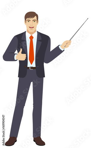 Businessman  holding a pointer and showing thumb up