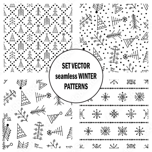 Set of seamless vector patterns with fir-trees, snowflakes. seasonal winter background with cute hand drawn fir trees Graphic illustration. Series of winter seamless vector patterns.