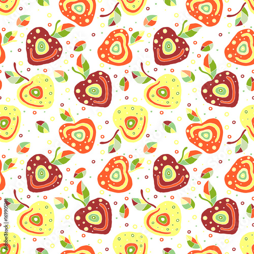 Fototapeta Naklejka Na Ścianę i Meble -  Seamless vector hand drawn childish pattern, border with fruits. Cute childlike cherry with leaves, seeds, drops. Doodle, sketch, cartoon style background. Endless repeat swatch