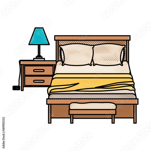 bedroom with lamp over nightstand and pair pillows in color crayon silhouette on white background