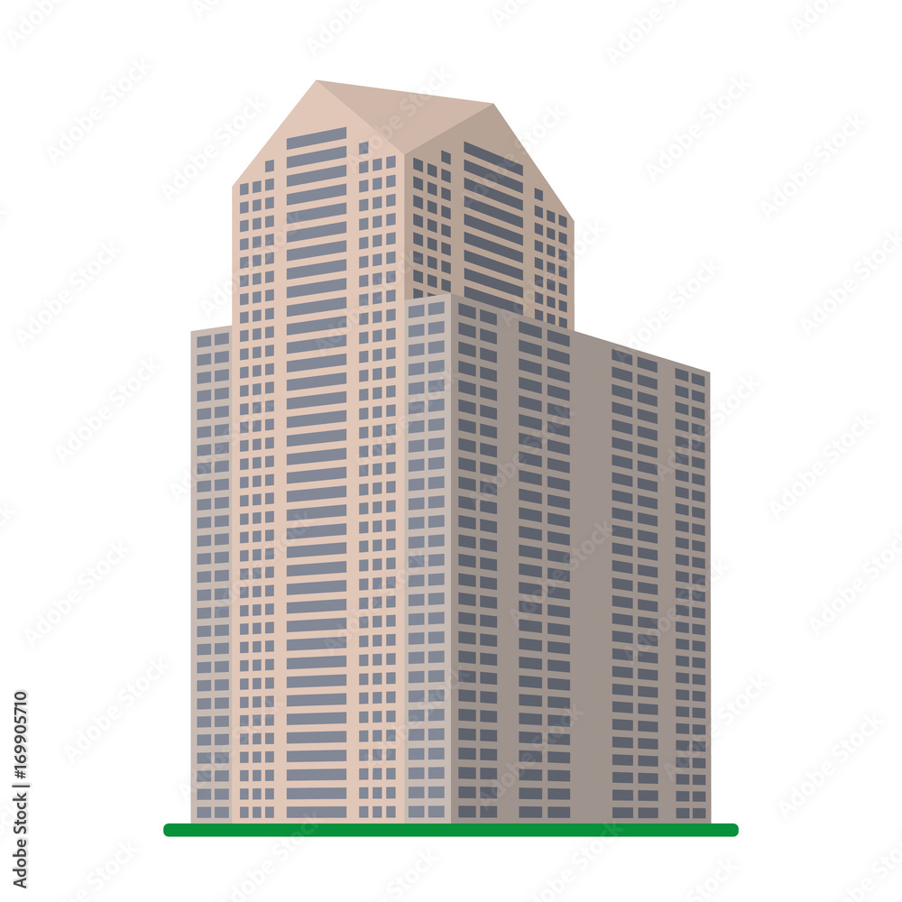 A modern high-rise building on a white background. View of the building from the bottom. Isometric vector illustration.
