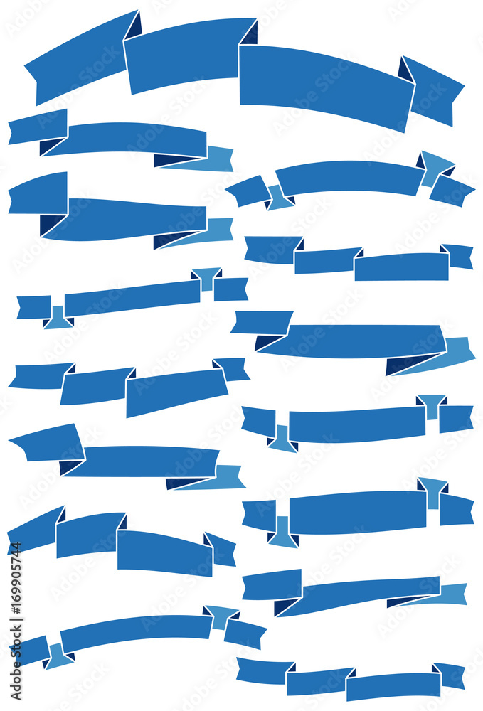 Set of fifteen blue cartoon ribbons and banners for web design. Great design element isolated on white background. Vector illustration.
