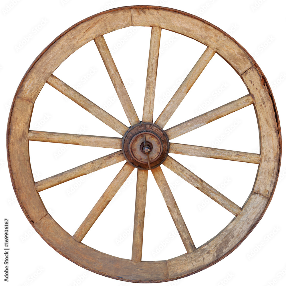 Antique Wagon Wheel on White Background