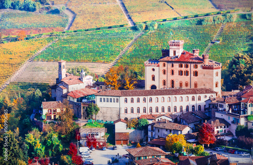 Autumn landscape - famous wine region in Piedmont. Barolo castle and village. North of Italy